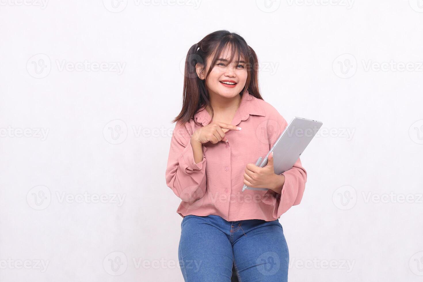 Business, finance and work Improvement projects successful Asian businessman cheerful professional stylish woman using laptop holding notebook pointing to notebook looking at camera on white photo