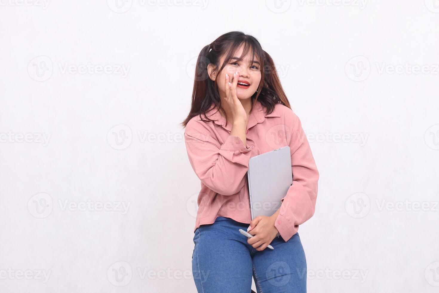 Business, finance and work Improvement projects successful Asian businessman cheerful professional stylish woman using laptop holding notebook whispering something happily on white background photo