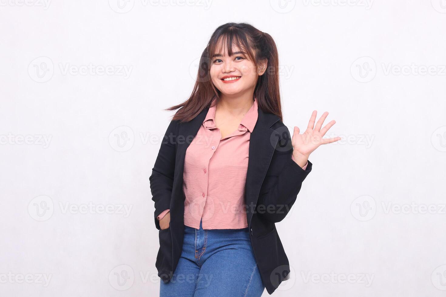 Beautiful Asian businesswoman in suit smile hand sign number 5 upright white background studio portrait for advertising materials,banners,billboards,job vacancies,business opportunities photo