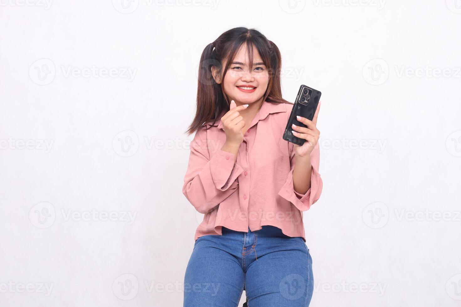 Business, finance and work Improvement project Asian businessman successful cheerful woman stylish professional holding mobile phone smiling expression sign love looking at camera upright on white photo