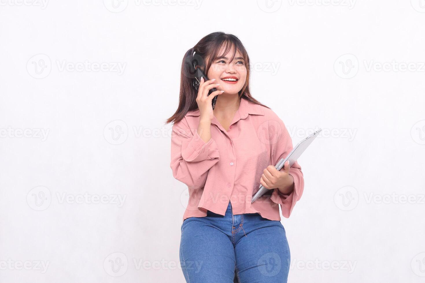 Business, finance and work Improvement projects successful Asian businessman beautiful stylish professional woman holding laptop phone looking left laughing on white background photo