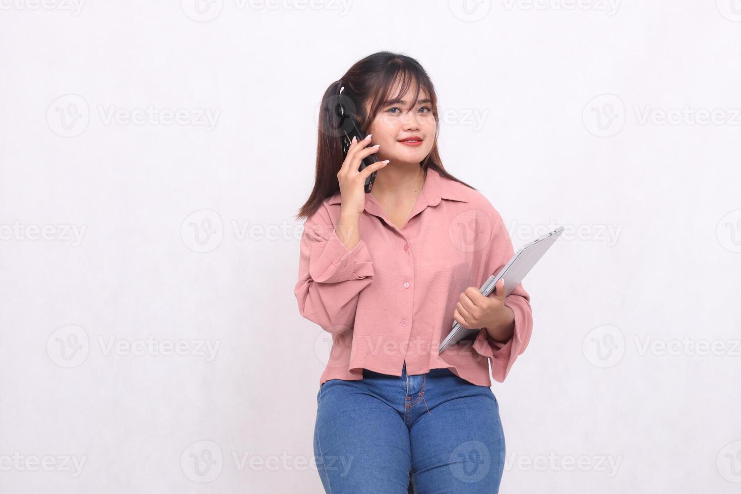 Business, finance and work Improvement project successful Asian indonesia businessman beautiful stylish professional woman using laptop phone looking at camera on white background photo