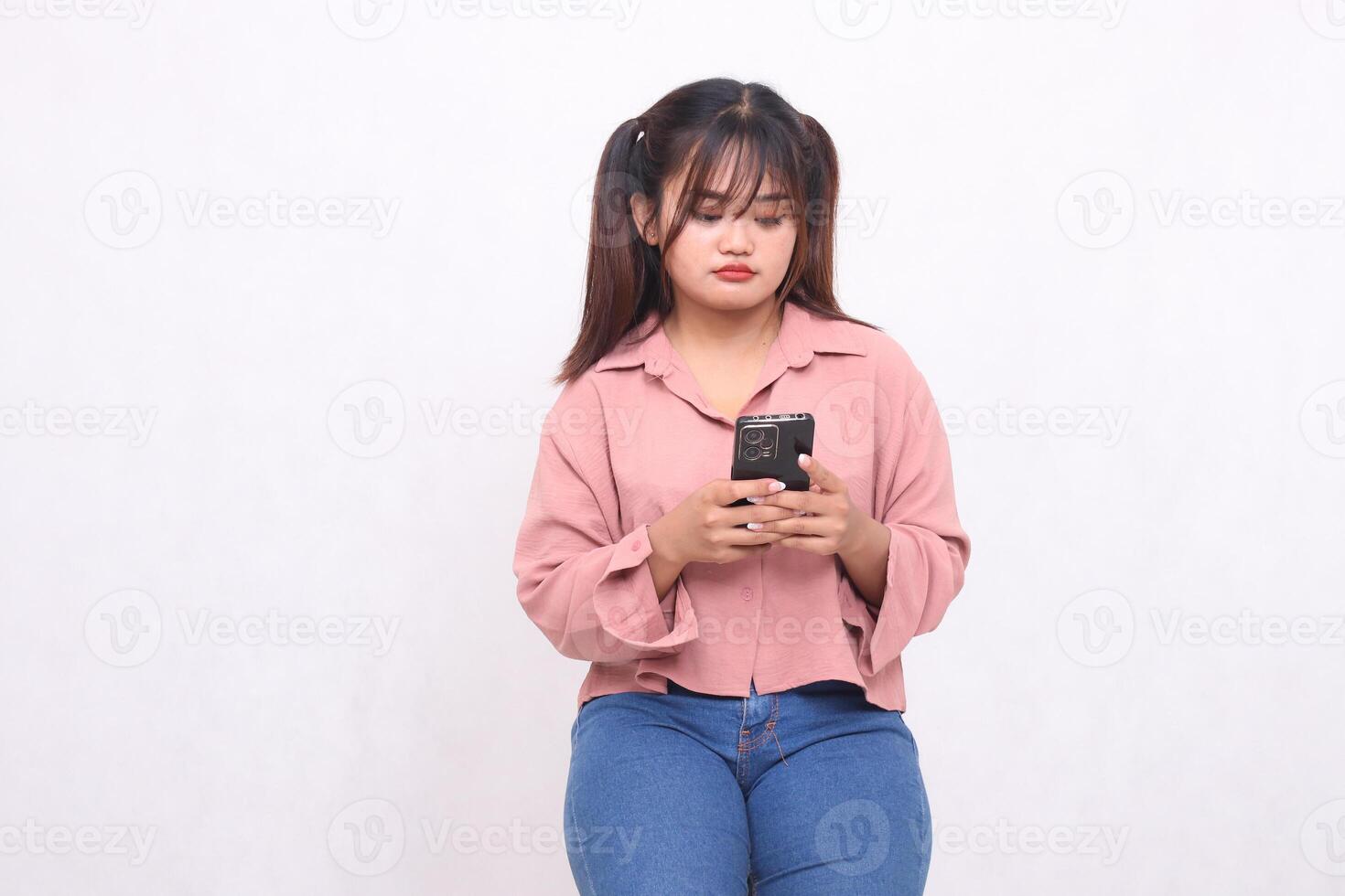 Business, finance and work Improvement projects successful Asian businessman professional stylish frowning woman holding mobile phone looking at gadget laughing on white background photo