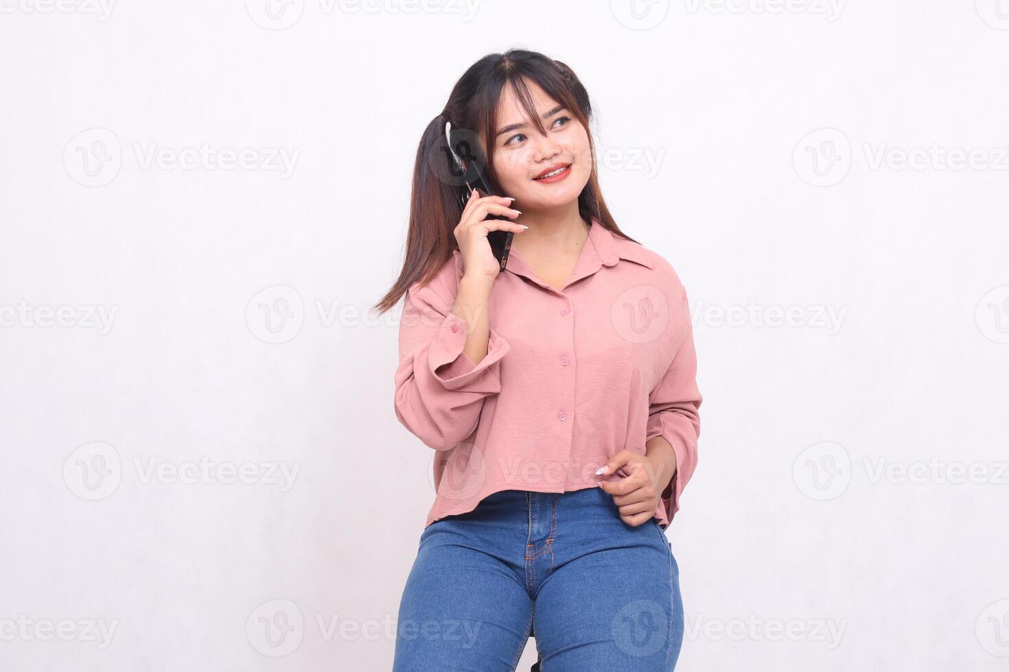 Business, finance and work Improvement project Asian businessman successful cheerful woman stylish professional holding mobile phone smiling spoiled looking at camera standing up on white background photo