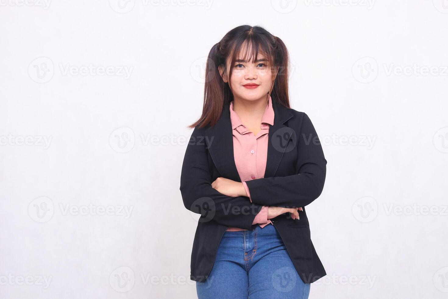 Beautiful happy asian woman in her 20s wearing casual suit shirt working professionally on white color background studio portrait for banner ad, banner, billboard photo