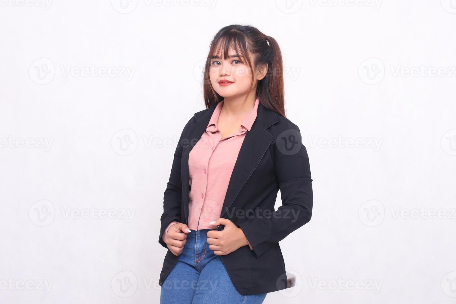 Beautiful happy Asian office woman in her 20s thin smile wearing suit shirt working professional hands holding jacket cheerful on white color background studio portrait for banner, banner, billboard photo