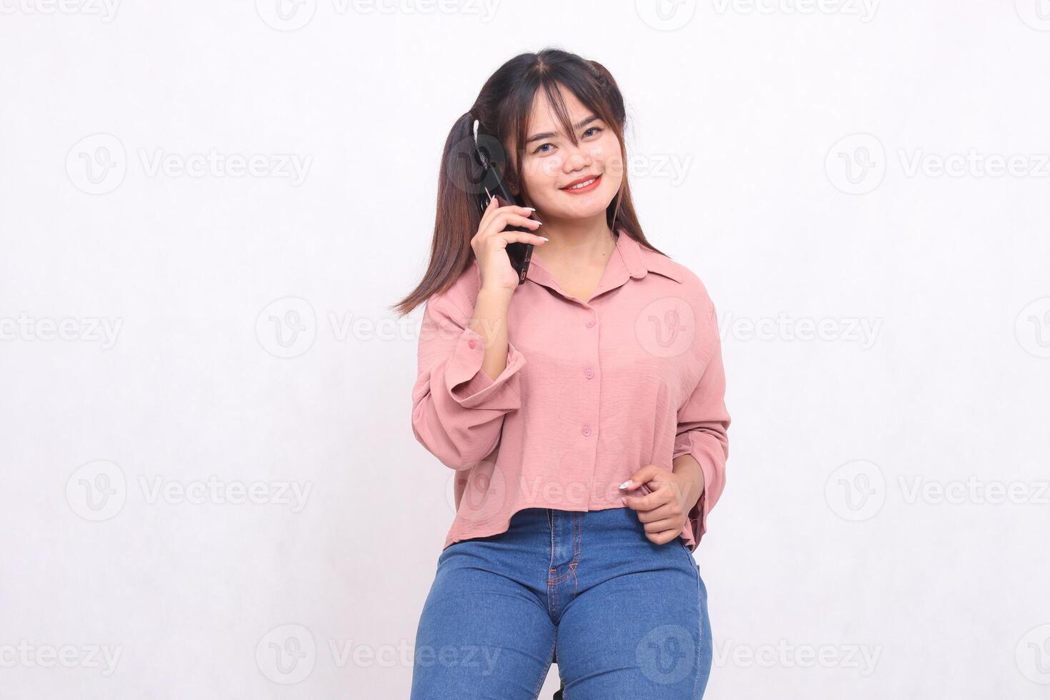 Business, finance and work Improvement project Asian businessman successful cheerful woman stylish professional holding mobile phone smiling spoiled looking at camera standing up on white background photo