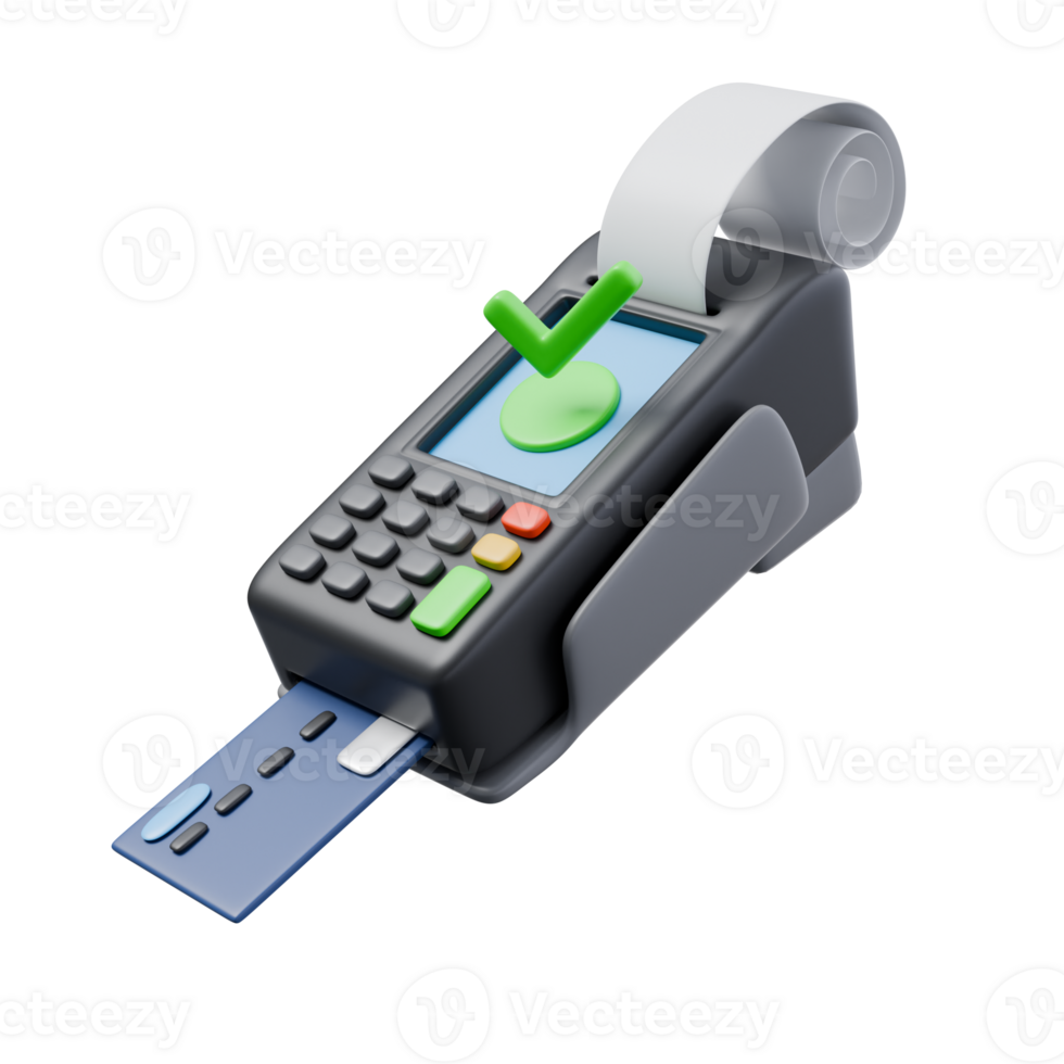 3d render illustration of payment terminal with bank card and check. financial transactions, money operations concept. trendy cartoon style 3D illustration png