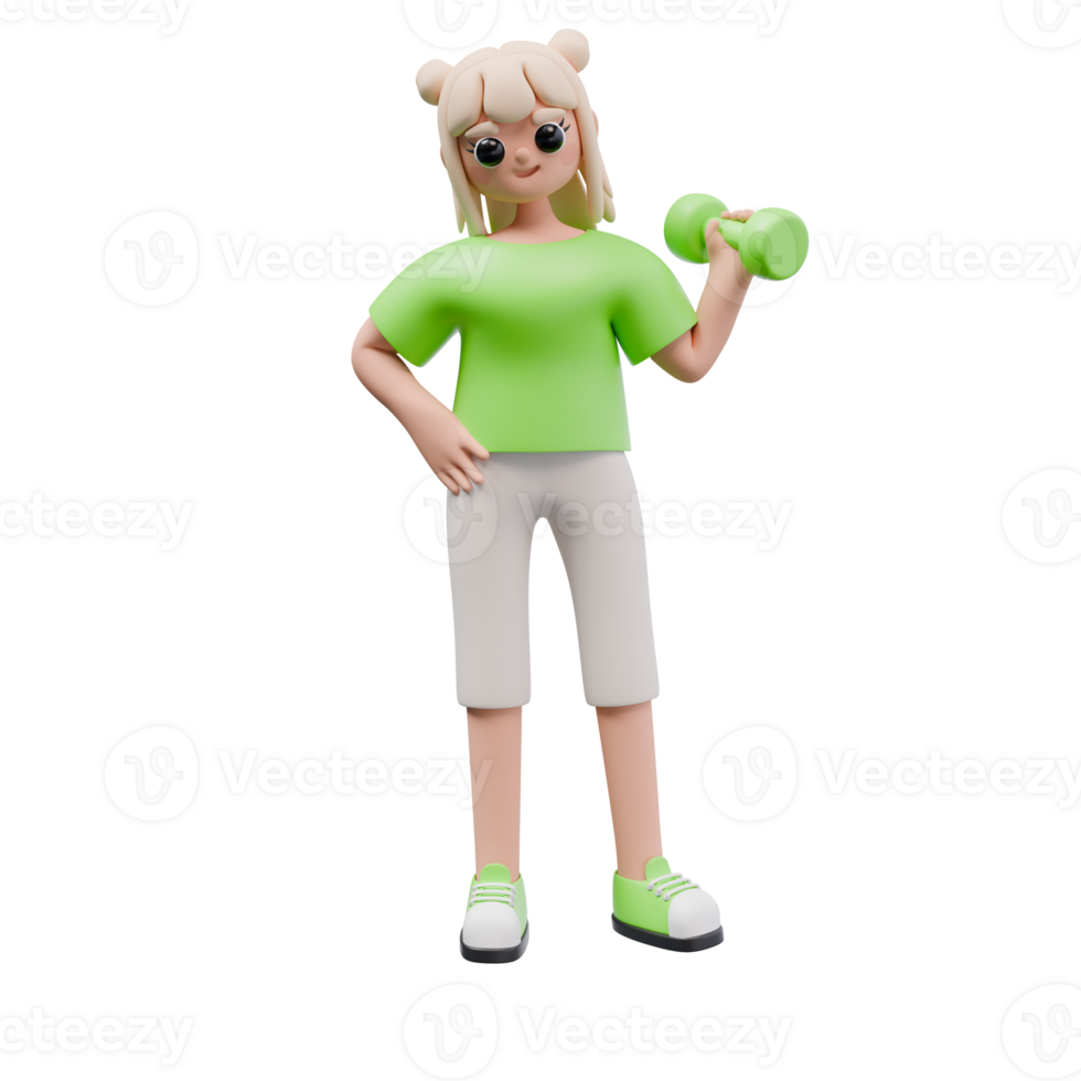 3d render illustration of girl stand with a green dumbbell. sports activities, a healthy lifestyle concept. trendy cartoon style 3D illustration png