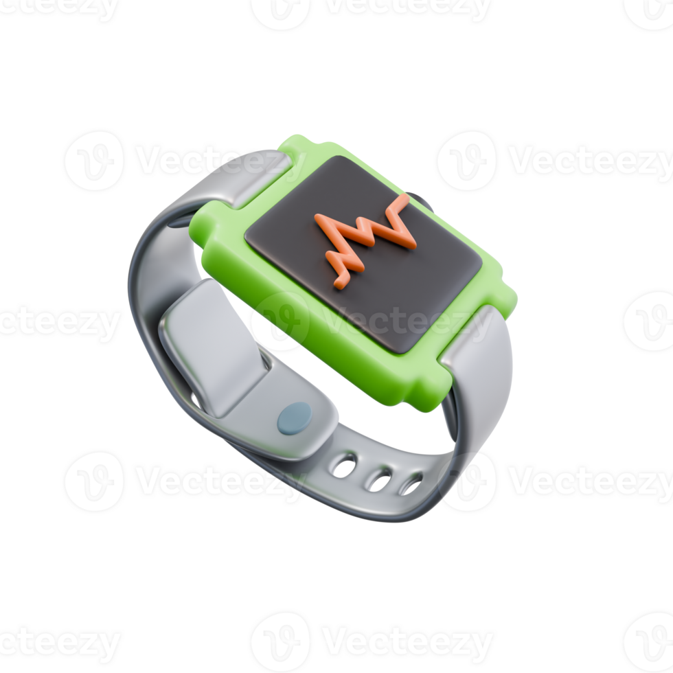 3d render illustration of green smartwatch with screen cardiogram line. healthy life, sports activities concept. trendy cartoon style 3D illustration png