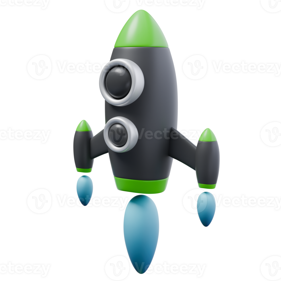 3d render illustration of rocket fly up in black and green colors and blue flame. launch, start up and grow strategy concept. trendy cartoon style 3D illustration png