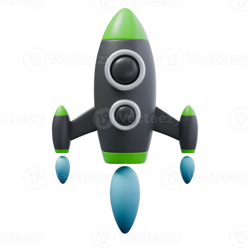 3d render illustration of rocket fly in black and green colors and blue flame. launch, start up and grow strategy concept. trendy cartoon style 3D illustration png