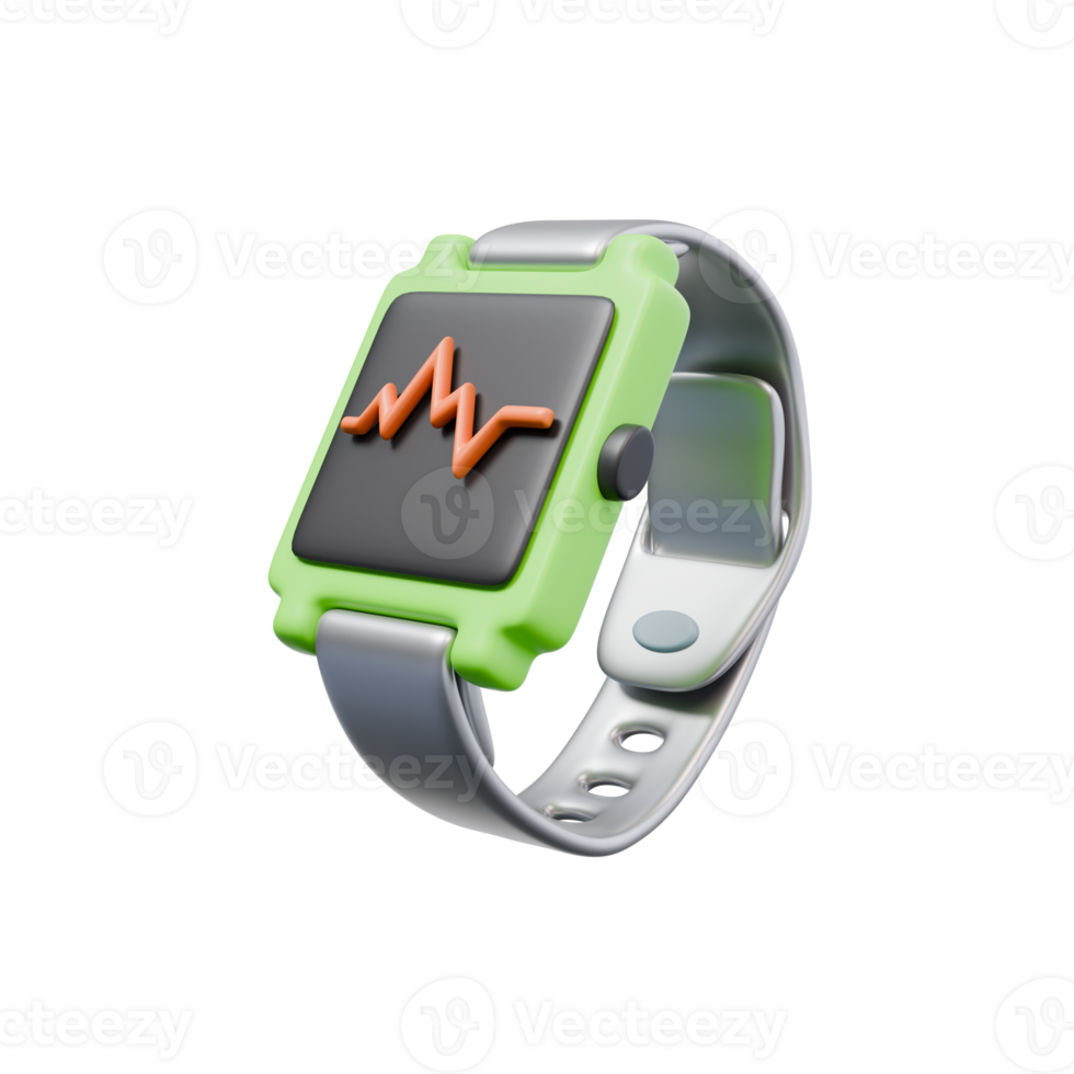 3d render illustration of green smartwatch with screen cardiogram line. healthy life, sports activities concept. trendy cartoon style 3D illustration png