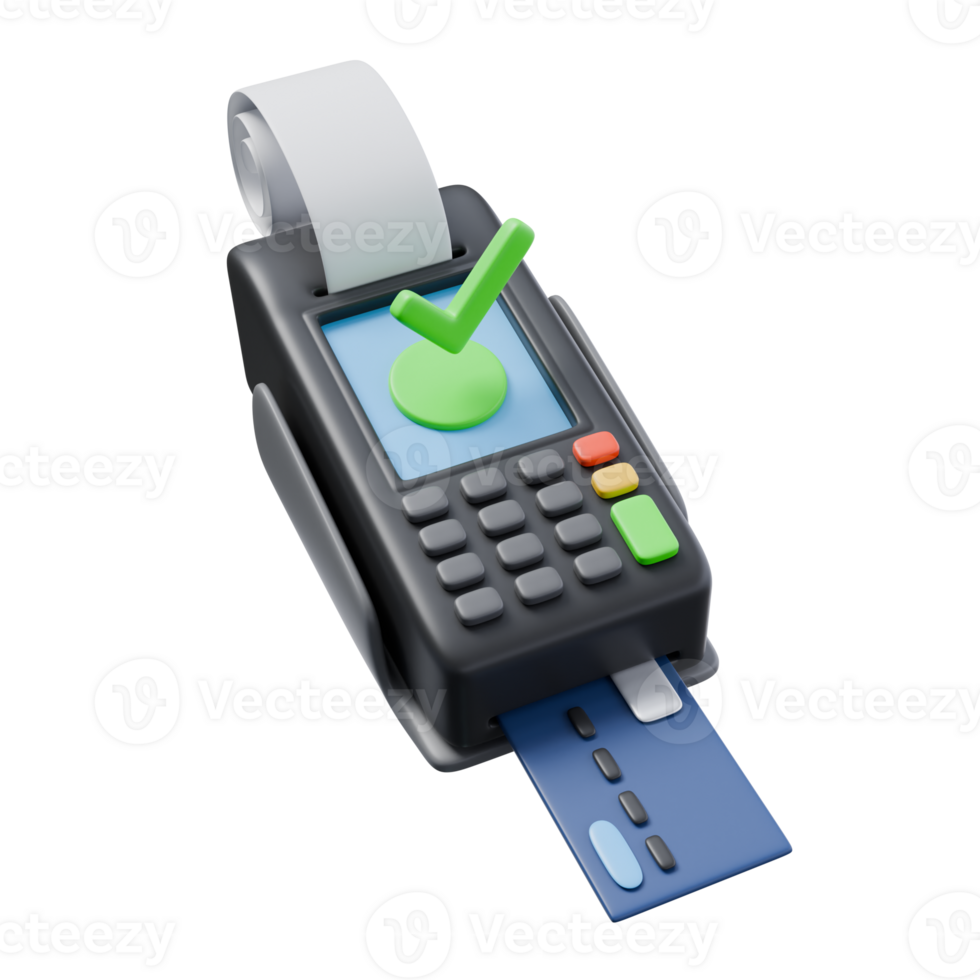 3d geven illustratie van betaling terminal met bank kaart en bank controleren en controleren groen teken. financieel transacties, geld operaties concept. modieus tekenfilm stijl 3d illustratie png