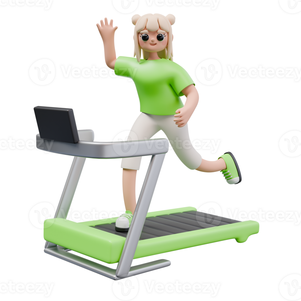 3d render illustration of girl use a treadmill and waving hand. sports activities, a healthy lifestyle concept. trendy cartoon style 3D illustration png