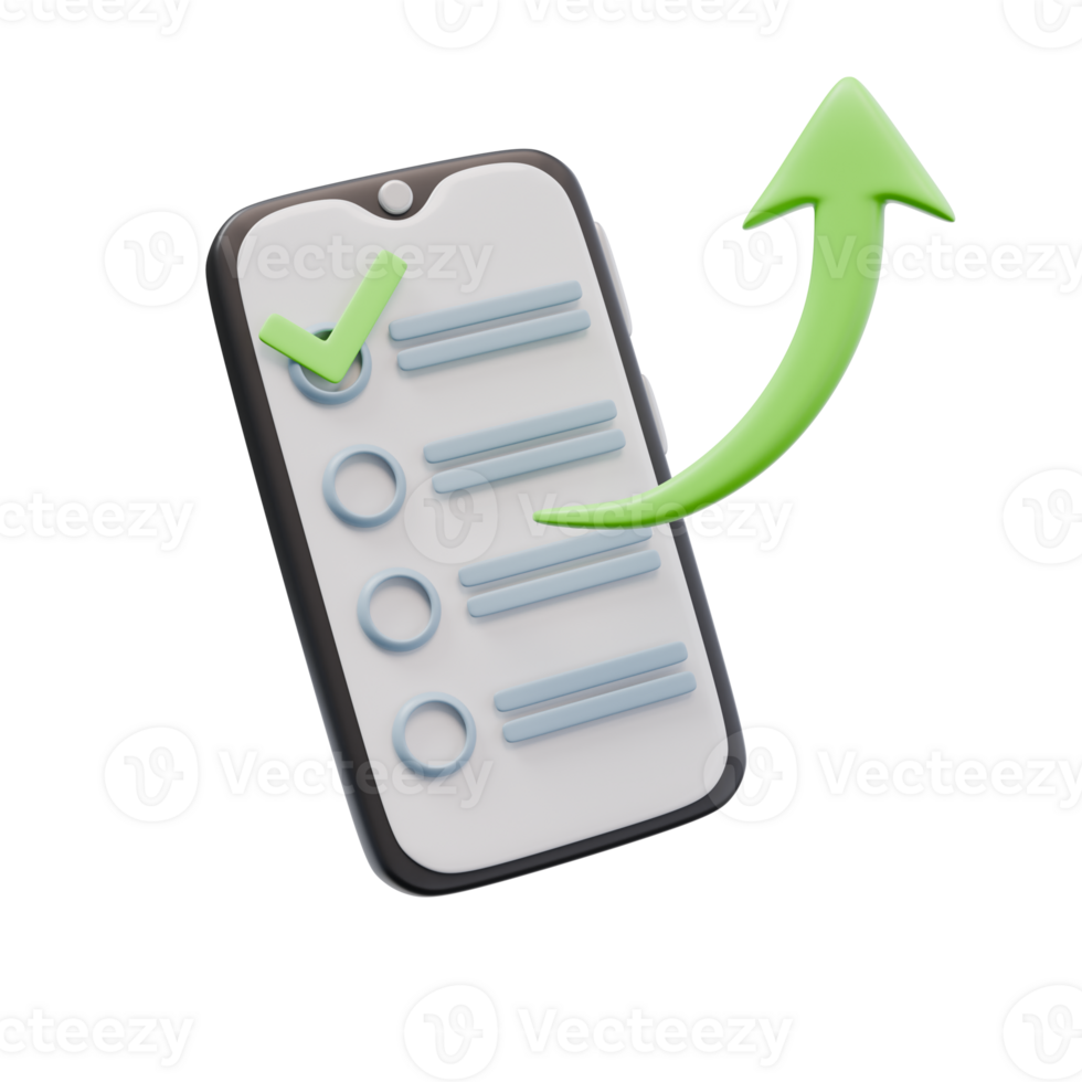 3d render illustration of smartphone with check list and arrow up. grow up, self-improvement, completed tasks concept. trendy cartoon style 3D illustration png