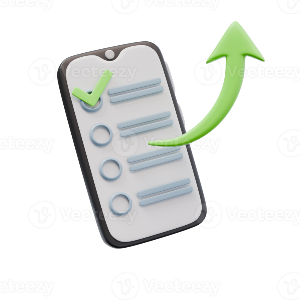 3d render ilustração do Smartphone com Verifica Lista e seta acima. crescer acima, auto-aperfeiçoamento, concluído tarefas conceito. na moda desenho animado estilo 3d ilustração png