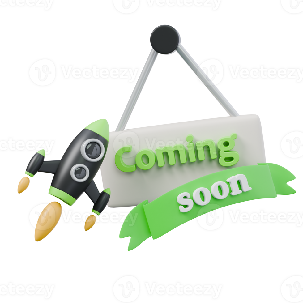3d render illustration of rocket in black and green colors and coming soon sign. launch, start up and grow strategy concept. trendy cartoon style 3D illustration png