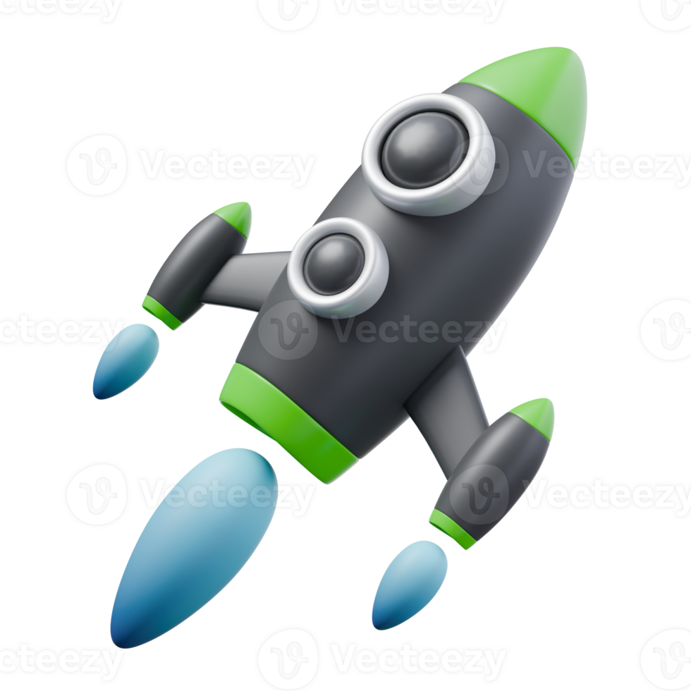 3d render illustration of rocket in black and green colors and blue flame. launch, start up and grow strategy concept. trendy cartoon style 3D illustration png