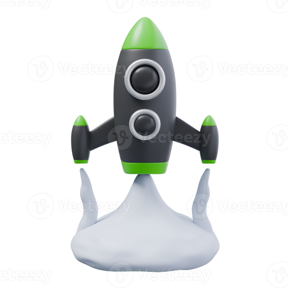 3d render illustration of rocket in black and green colors and white gas cloud. launch, start up and grow strategy concept. trendy cartoon style 3D illustration png