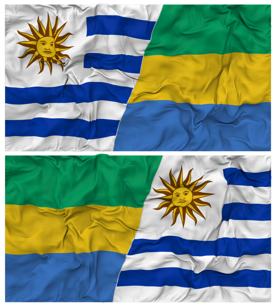 Gabon and Uruguay Half Combined Flags Background with Cloth Bump Texture, Bilateral Relations, Peace and Conflict, 3D Rendering png