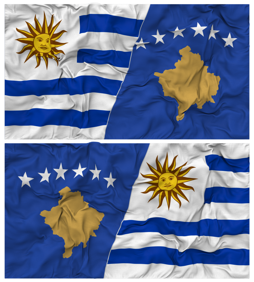 Kosovo and Uruguay Half Combined Flags Background with Cloth Bump Texture, Bilateral Relations, Peace and Conflict, 3D Rendering png