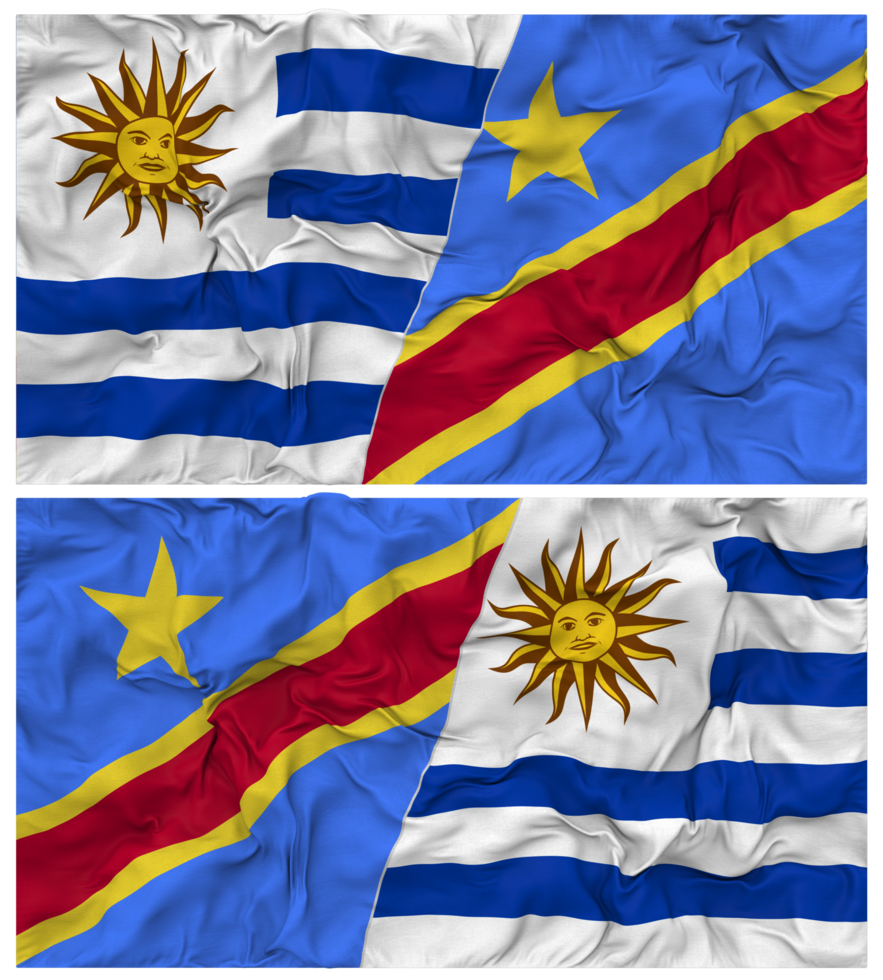 DR Congo and Uruguay Half Combined Flags Background with Cloth Bump Texture, Bilateral Relations, Peace and Conflict, 3D Rendering png