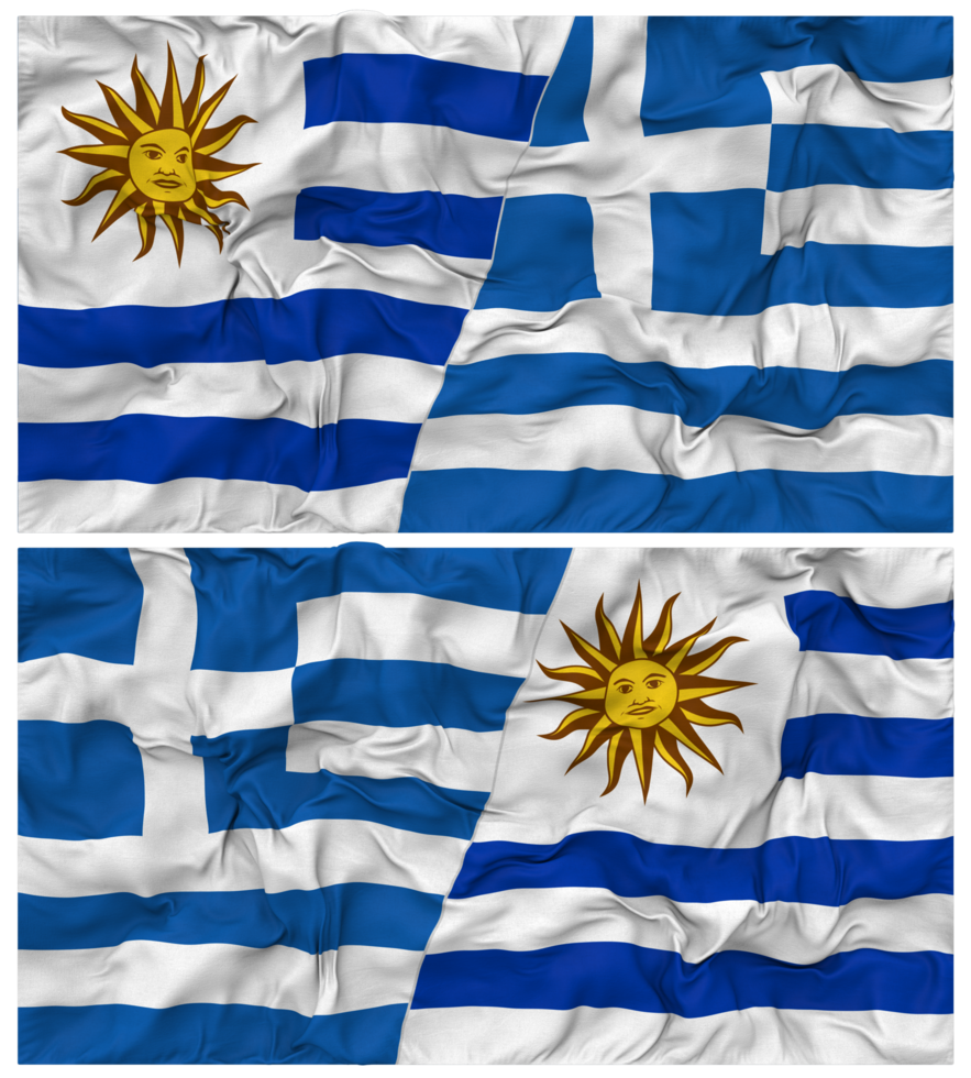 Greece and Uruguay Half Combined Flags Background with Cloth Bump Texture, Bilateral Relations, Peace and Conflict, 3D Rendering png