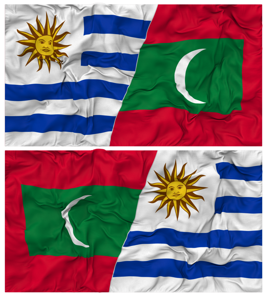 Maldives and Uruguay Half Combined Flags Background with Cloth Bump Texture, Bilateral Relations, Peace and Conflict, 3D Rendering png