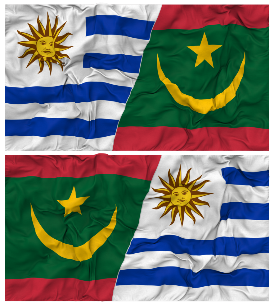 Mauritania and Uruguay Half Combined Flags Background with Cloth Bump Texture, Bilateral Relations, Peace and Conflict, 3D Rendering png