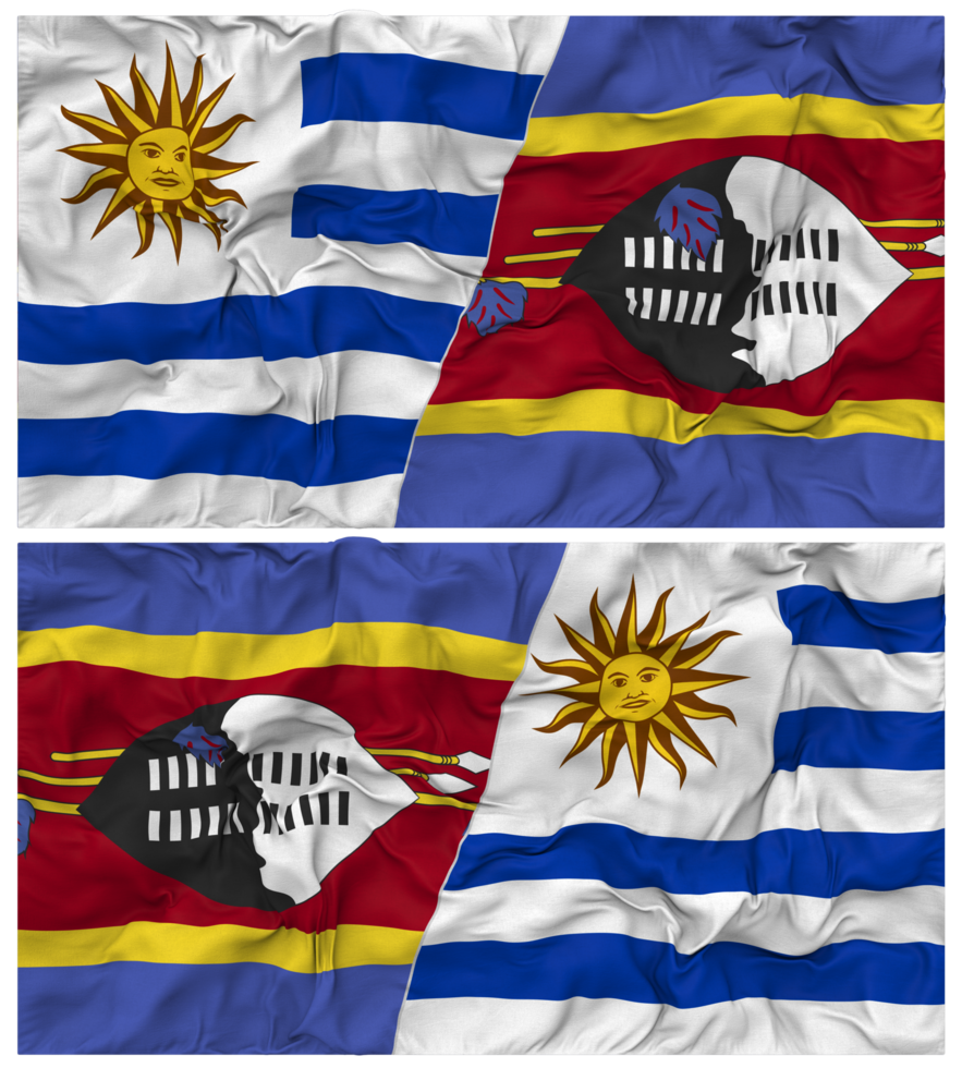 Eswatini and Uruguay Half Combined Flags Background with Cloth Bump Texture, Bilateral Relations, Peace and Conflict, 3D Rendering png