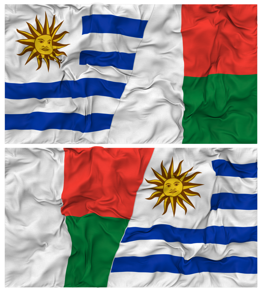 Madagascar and Uruguay Half Combined Flags Background with Cloth Bump Texture, Bilateral Relations, Peace and Conflict, 3D Rendering png
