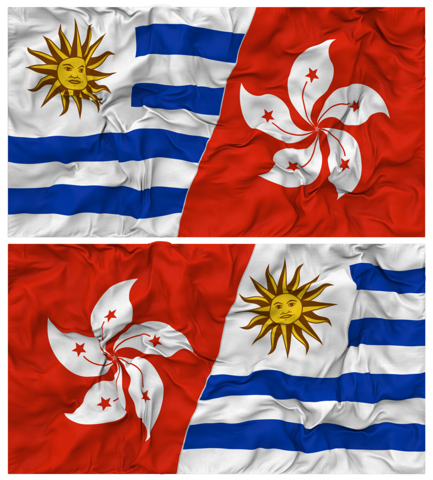Hong Kong and Uruguay Half Combined Flags Background with Cloth Bump Texture, Bilateral Relations, Peace and Conflict, 3D Rendering png