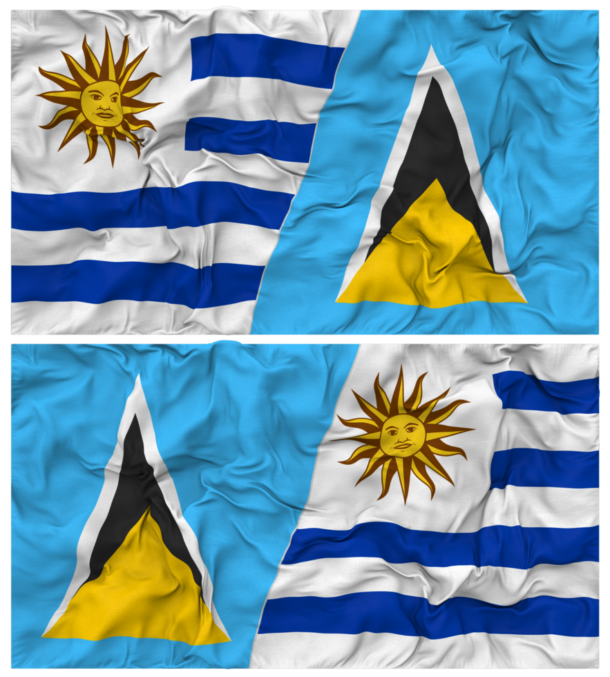 Saint Lucia and Uruguay Half Combined Flags Background with Cloth Bump Texture, Bilateral Relations, Peace and Conflict, 3D Rendering png