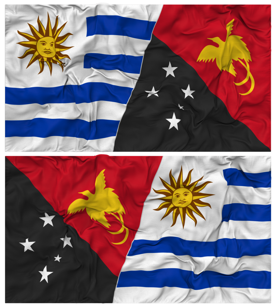 Papua New Guinea and Uruguay Half Combined Flags Background with Cloth Bump Texture, Bilateral Relations, Peace and Conflict, 3D Rendering png