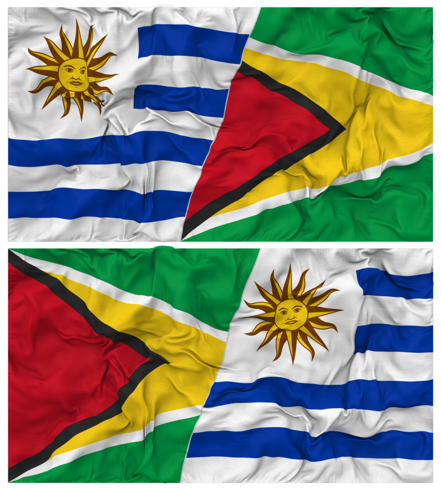 Guyana and Uruguay Half Combined Flags Background with Cloth Bump Texture, Bilateral Relations, Peace and Conflict, 3D Rendering png