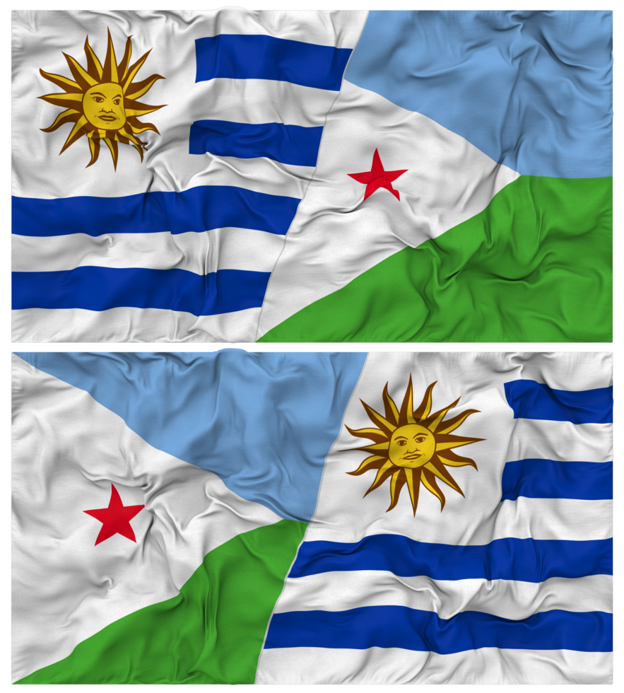 Djibouti and Uruguay Half Combined Flags Background with Cloth Bump Texture, Bilateral Relations, Peace and Conflict, 3D Rendering png