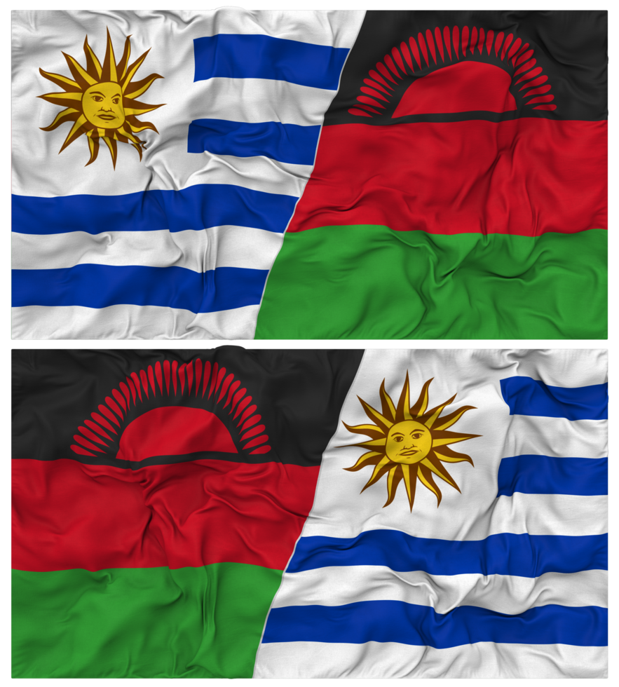Malawi and Uruguay Half Combined Flags Background with Cloth Bump Texture, Bilateral Relations, Peace and Conflict, 3D Rendering png