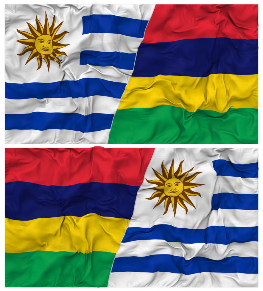 Mauritius and Uruguay Half Combined Flags Background with Cloth Bump Texture, Bilateral Relations, Peace and Conflict, 3D Rendering png