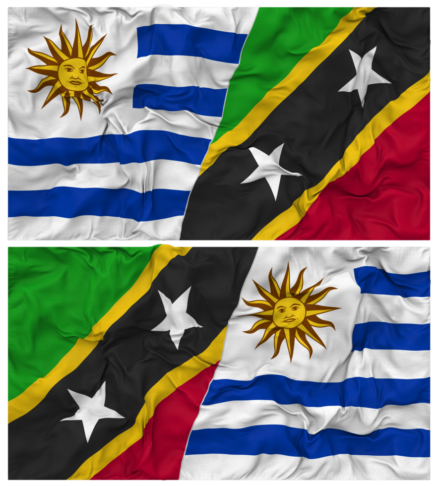 Saint Kitts and Nevis and Uruguay Half Combined Flags Background with Cloth Bump Texture, Bilateral Relations, Peace and Conflict, 3D Rendering png
