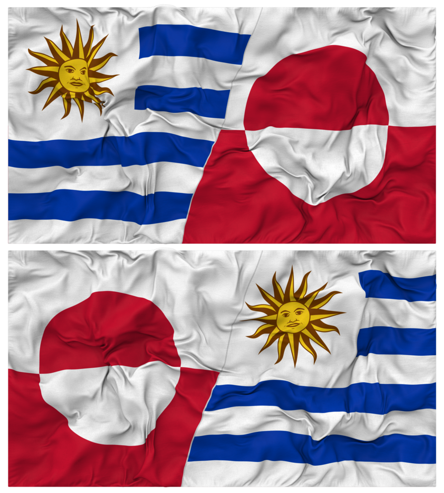 Greenland and Uruguay Half Combined Flags Background with Cloth Bump Texture, Bilateral Relations, Peace and Conflict, 3D Rendering png