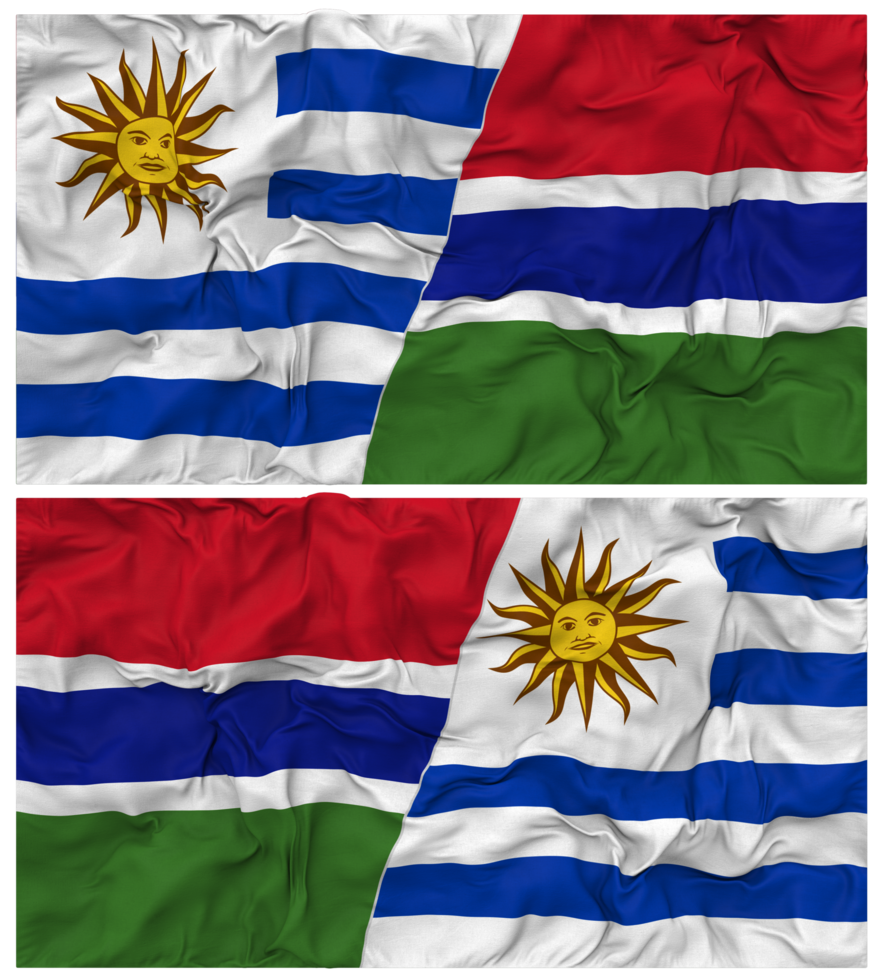 Gambia and Uruguay Half Combined Flags Background with Cloth Bump Texture, Bilateral Relations, Peace and Conflict, 3D Rendering png