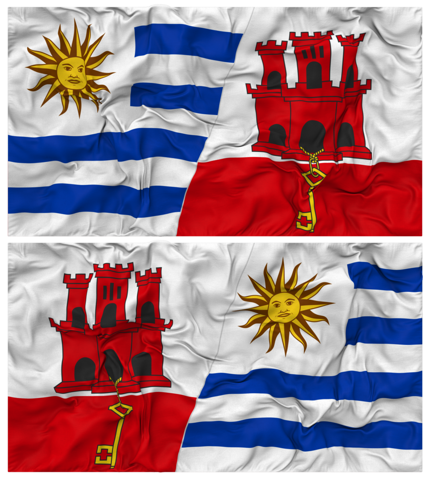 Gibraltar and Uruguay Half Combined Flags Background with Cloth Bump Texture, Bilateral Relations, Peace and Conflict, 3D Rendering png
