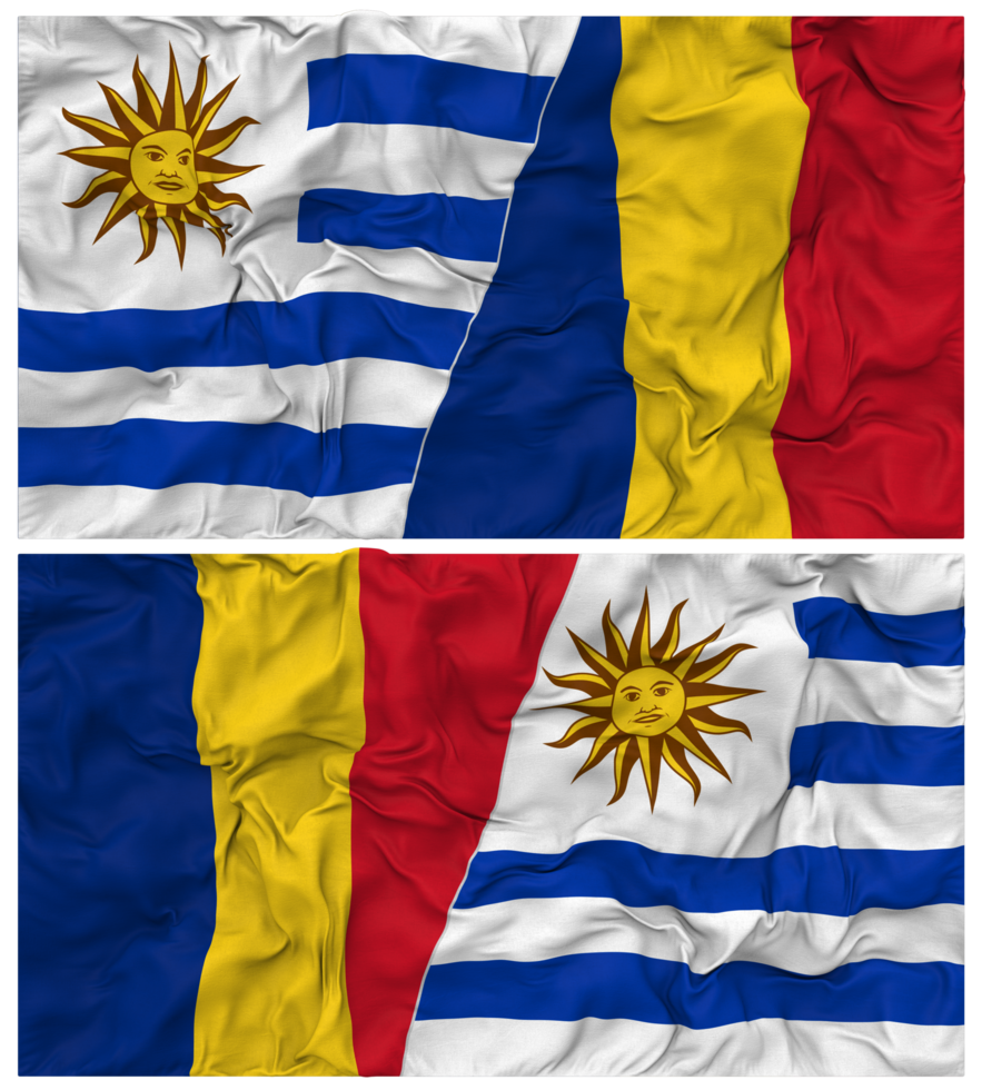 Romania and Uruguay Half Combined Flags Background with Cloth Bump Texture, Bilateral Relations, Peace and Conflict, 3D Rendering png