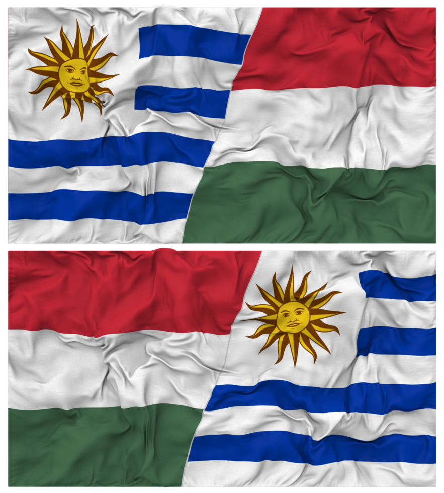 Hungary and Uruguay Half Combined Flags Background with Cloth Bump Texture, Bilateral Relations, Peace and Conflict, 3D Rendering png