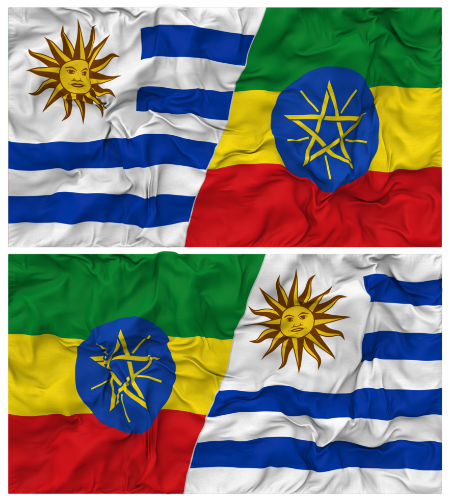 Ethiopia and Uruguay Half Combined Flags Background with Cloth Bump Texture, Bilateral Relations, Peace and Conflict, 3D Rendering png