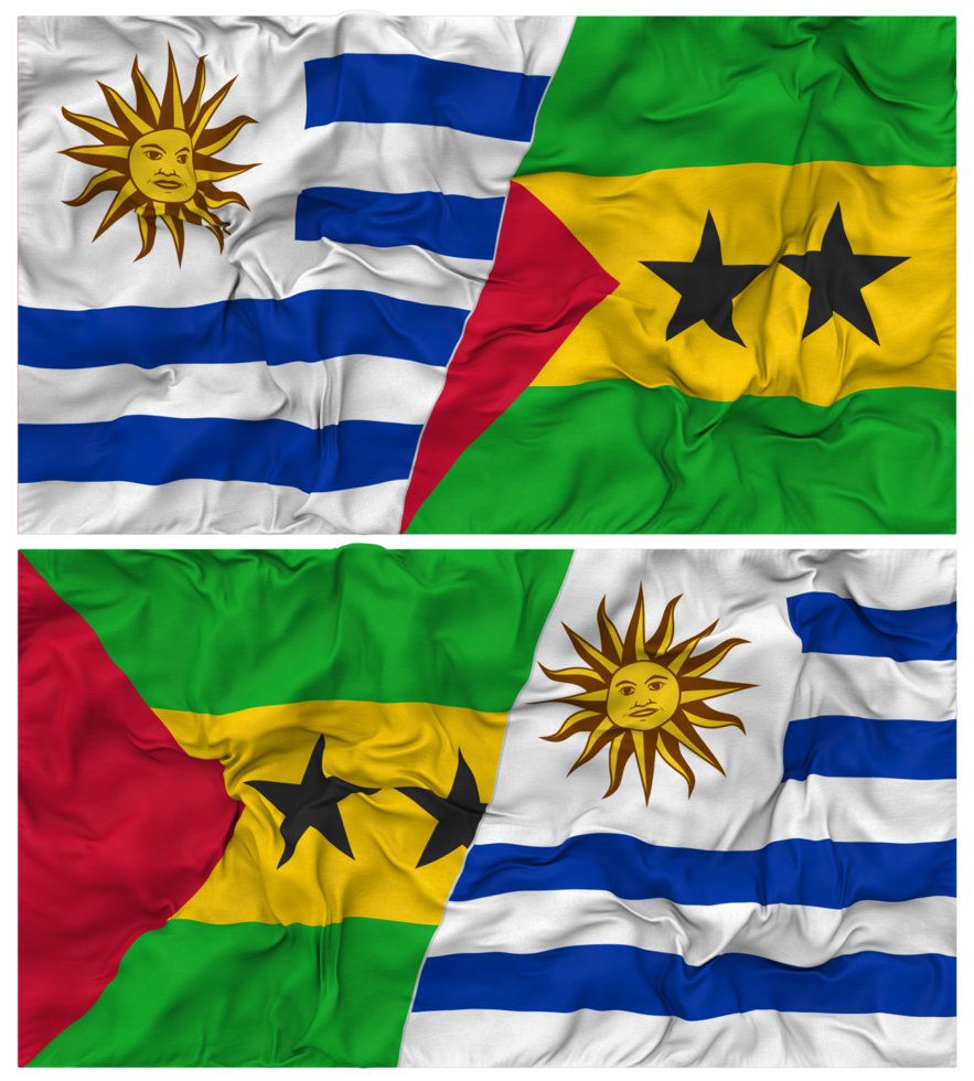 Sao Tome and Principe and Uruguay Half Combined Flags Background with Cloth Bump Texture, Bilateral Relations, Peace and Conflict, 3D Rendering png