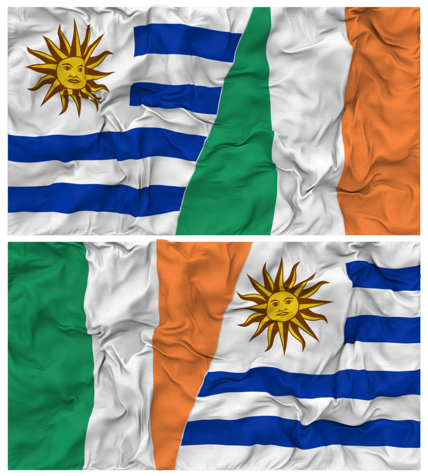 Ireland and Uruguay Half Combined Flags Background with Cloth Bump Texture, Bilateral Relations, Peace and Conflict, 3D Rendering png