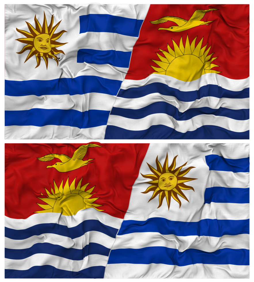 Kiribati and Uruguay Half Combined Flags Background with Cloth Bump Texture, Bilateral Relations, Peace and Conflict, 3D Rendering png