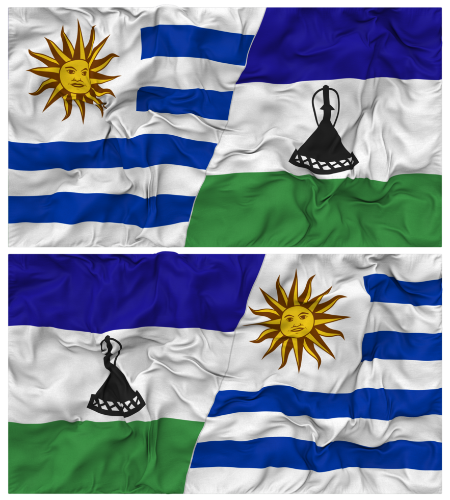 Lesotho and Uruguay Half Combined Flags Background with Cloth Bump Texture, Bilateral Relations, Peace and Conflict, 3D Rendering png